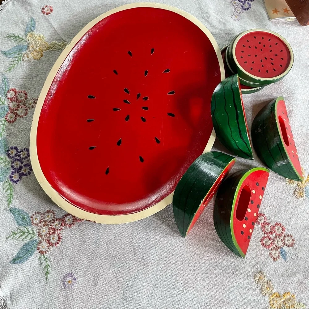 Vintage Wooden Watermelon Cocktail Tray Set. 4 Coasters & 4 Napkin Holders. 14